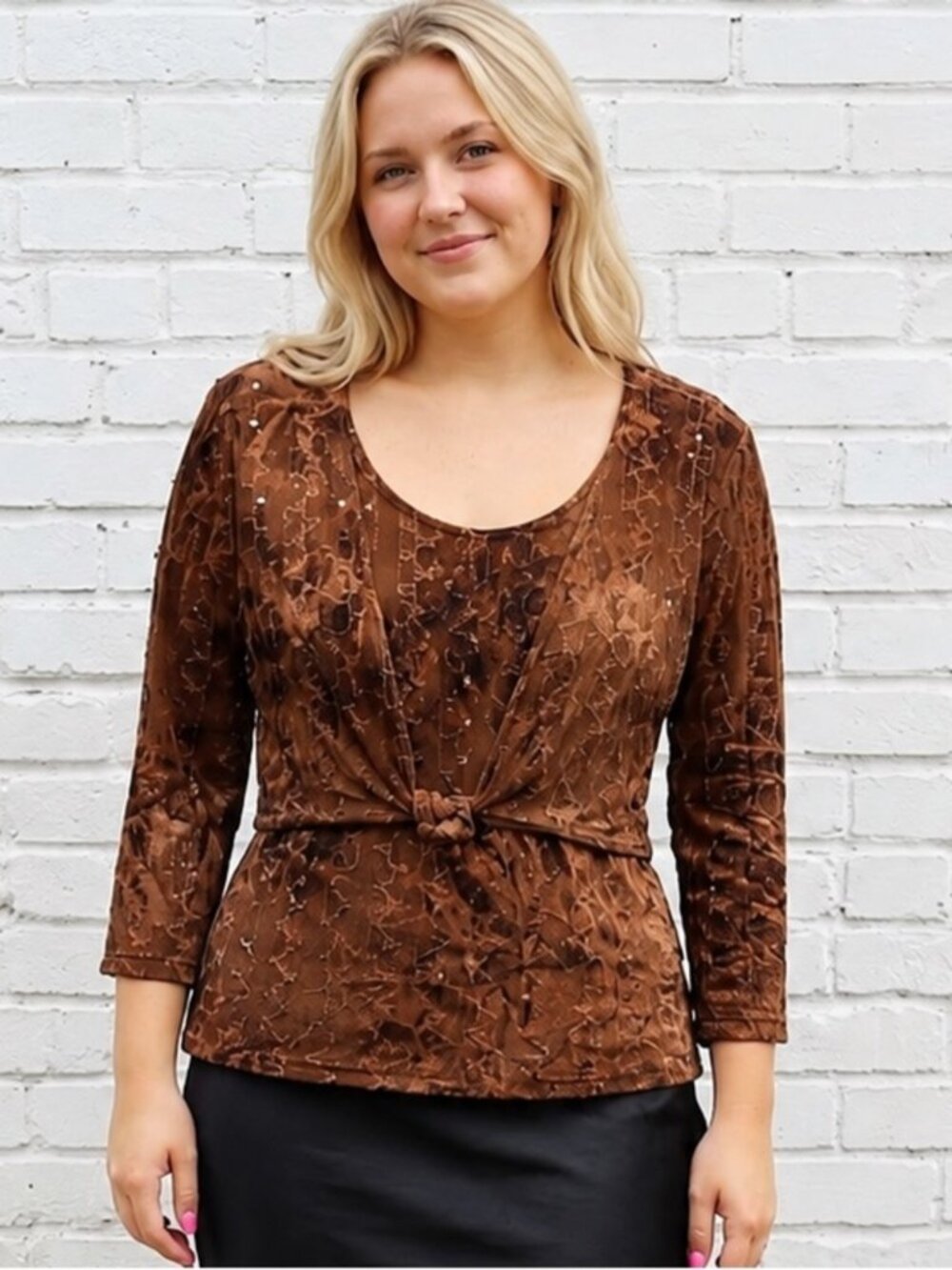 Vintage Y2K Brown Embroidered Sequin Tie Front Layered Top Womens Size Large 90s